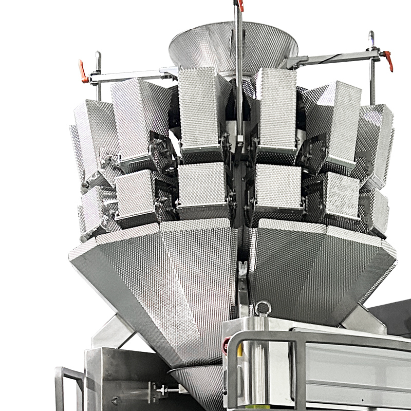 Máy đóng gói túi lưới lựu bằng cân định lượng đa đầu, máy kẹp túi lưới hành, tỏi, gừng