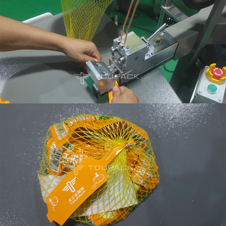 Máy đóng gói túi lưới tỏi với Staples Semi Auto Ginger Mesh Bag Clipping Packing Machine