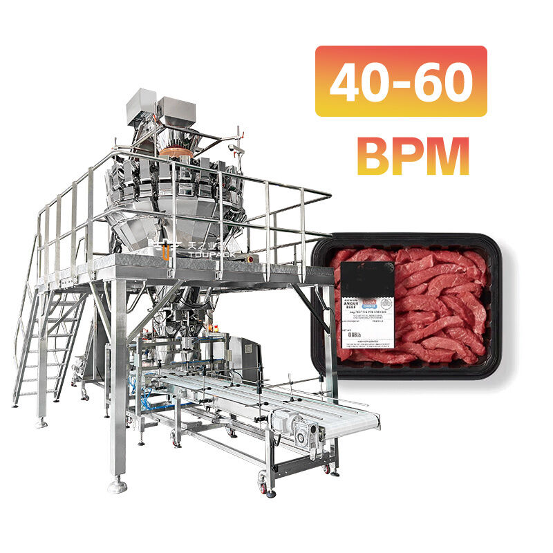 Giải pháp chia thịt và đóng khay tiết kiệm sức lao động Hệ thống cân trục vít 60 BPM cho gia cầm và thịt bò ướp