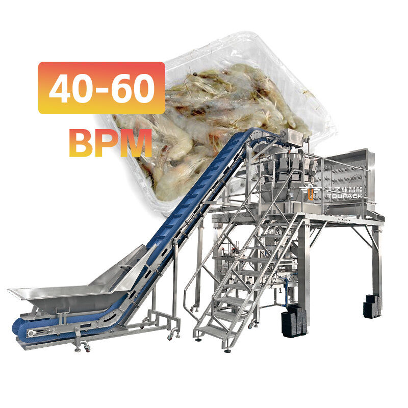 Dây chuyền Tự động Đóng gói & Cấp liệu Khay Đa năng Tích hợp với Cân Đa đầu Vít Độ chính xác Cao cho Thịt Dính