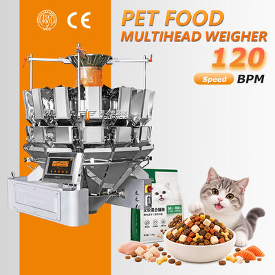 Máy cân và đóng gói thực phẩm thú cưng khô tự động với máy cân đa đầu